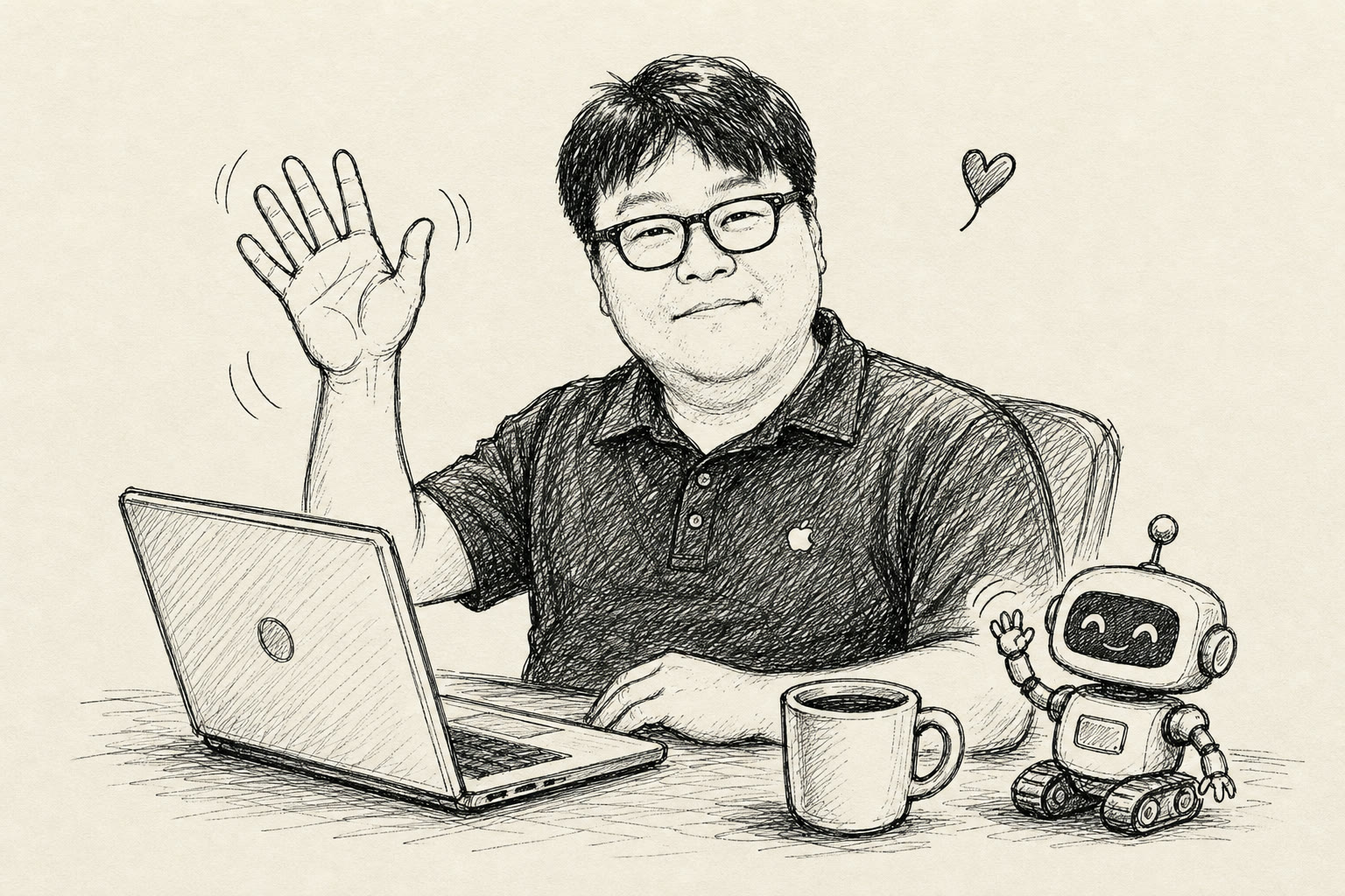 노트북과 커피, 꼬마 로봇 옆에서 손을 흔드는 왕수용의 펜 스케치 초상
