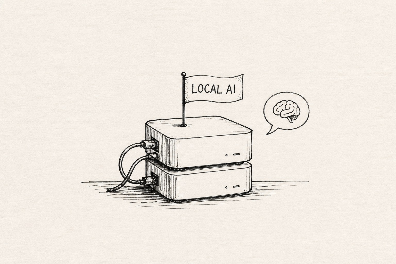 LOCAL AI 깃발이 꽂힌 맥미니 두 대 스케치