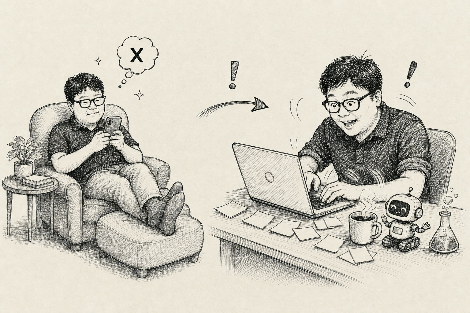 소파에서 X를 읽다가, 책상으로 달려가 신나게 따라해보는 두 장면의 펜 스케치