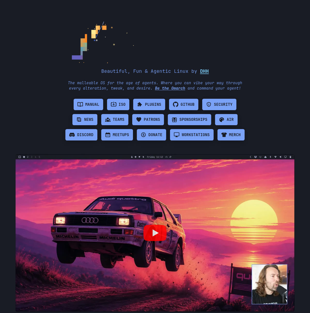 Omarchy Linux 홈페이지 캡처 — Beautiful, Fun & Agentic Linux by DHH, 하단에 Hyprland 데스크톱 화면
