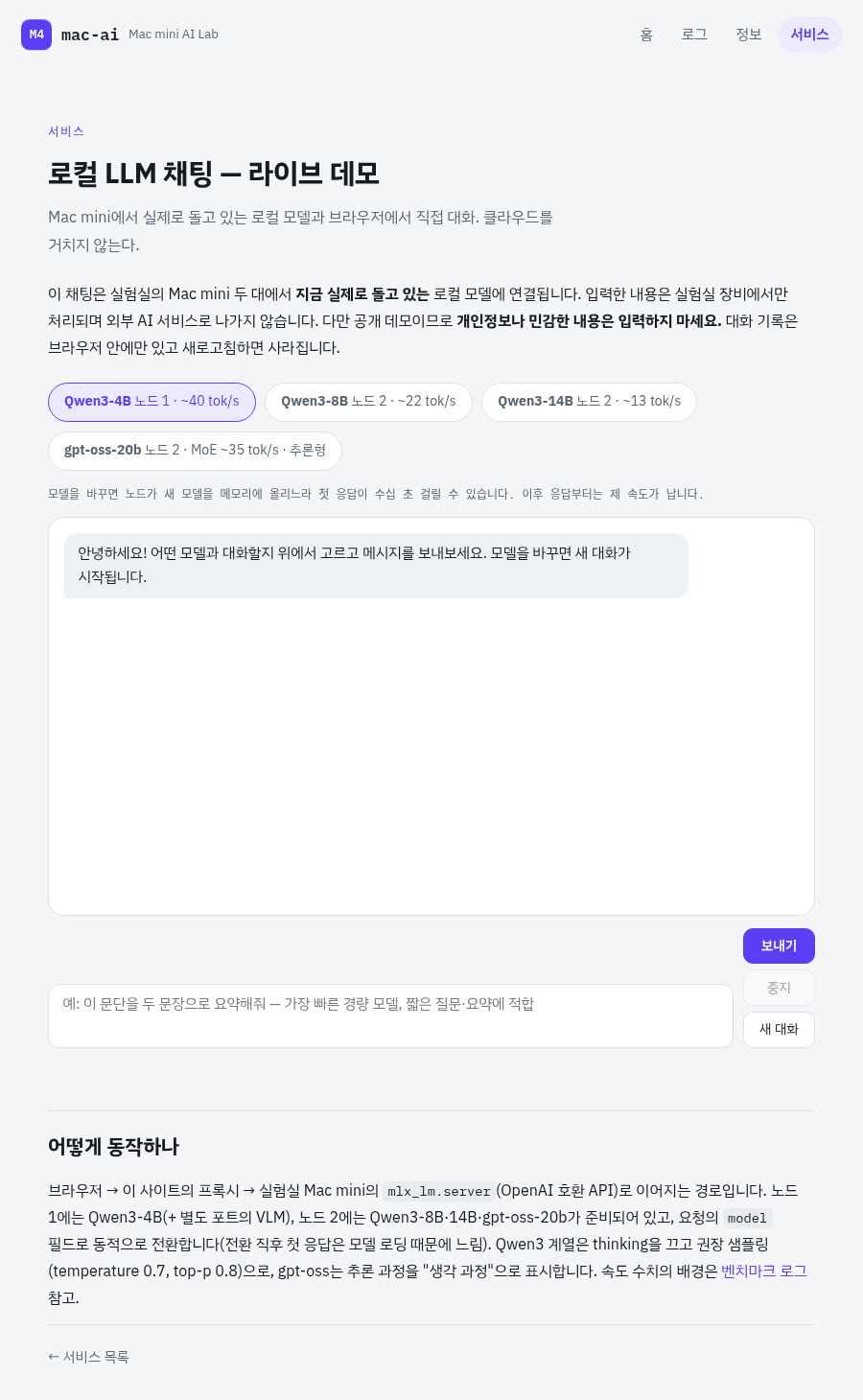 로컬 LLM 채팅 라이브 데모 페이지 캡처