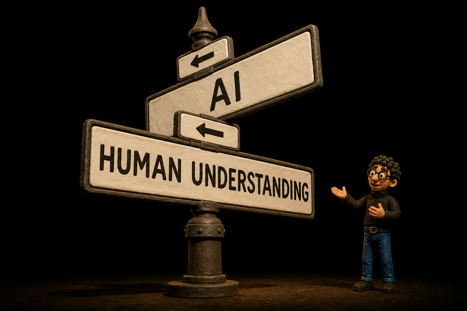 AI와 HUMAN UNDERSTANDING 두 표지판이 교차하는 클레이 거리 표지판 옆에서 발표하는 인물