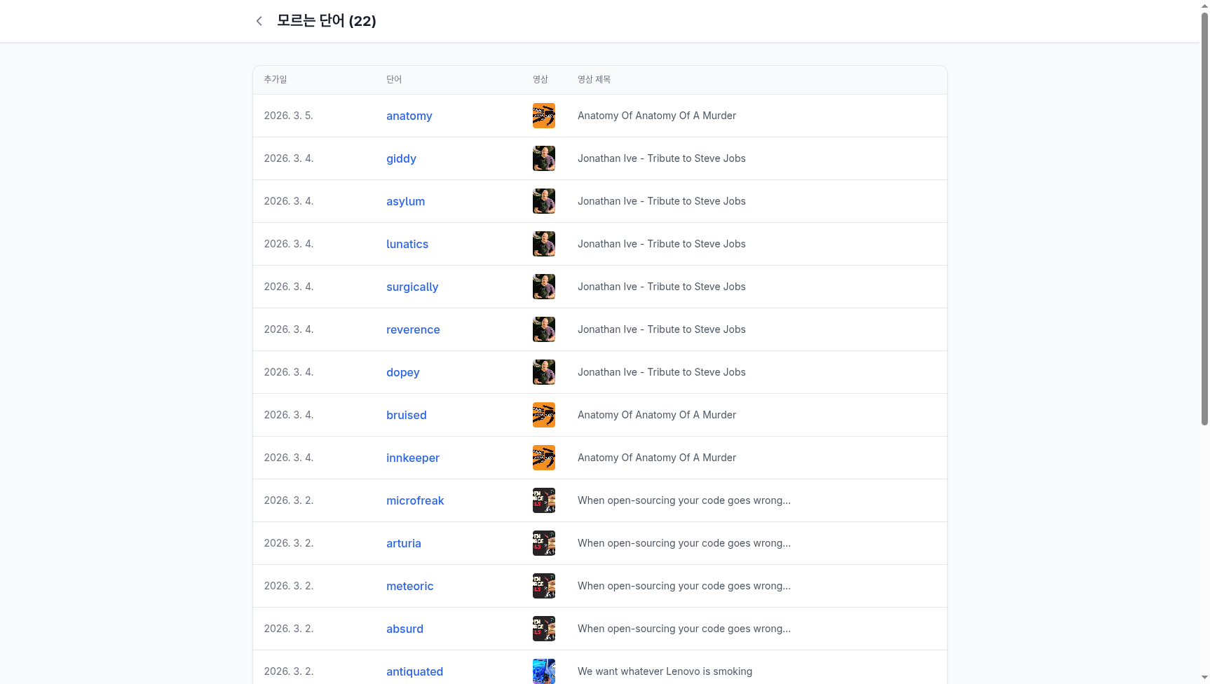 mytube 모르는 단어 목록